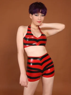 Latex Striped Full Halter-Neck Bra