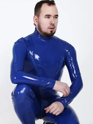 Latex Mens Standard Shoulder Zipper Catsuit With Nipple Zips