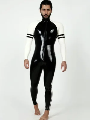 Latex Mens Collegiate Twin-Striped Front Zipper Raglan-Sleeved Catsuit