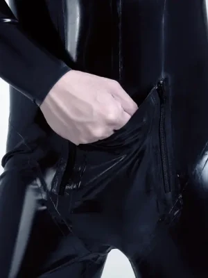Latex Mens Nipple Zips & Pouch-Front Catsuit