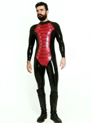 Latex Mens Blazing Buttons Military Style Catsuit
