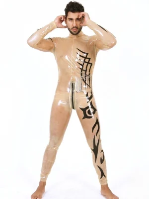 Latex Mens Tattoo Transparent Neck Entry Catsuit