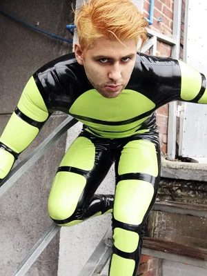 Latex Mens Straposis Back Zipper Catsuit With Feet