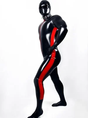Latex Mens Side-Striped Front-Zipper Catsuit