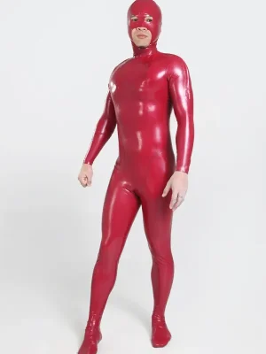 Latex Mens Double D Shoulder Zipper Catsuit with Feet & Separate Hood