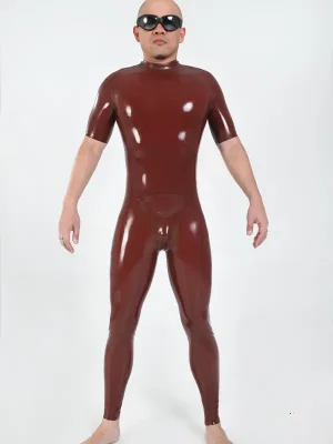 Latex Mens Short-Sleeved Catsuit With Back Zipper
