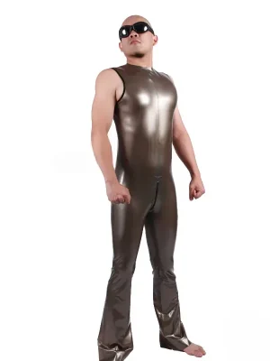 Latex Mens Retro70s Flared Legs Sleeveless Jumpsuit Catsuit
