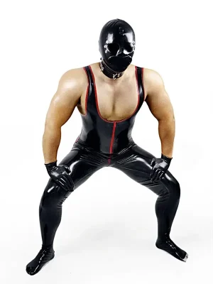 Latex Mens Singlet-Top Striped Catsuit with Feet