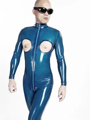 Latex Mens Chest Holes Front Zipper Catsuit