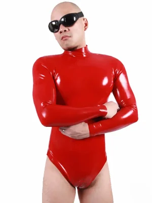Latex Mens Long-Sleeved Neck Entry Zipperless Leotard