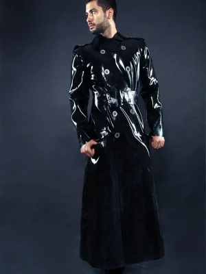 Latex Mens Military Style Full-Length Double-Breasted Trench Coat