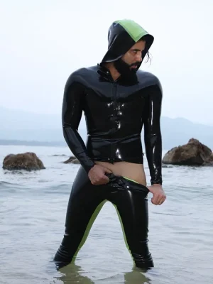 Latex Mens Front Zip Casual Hoodie Top