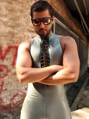 Latex Mens Laced-Front Sleeveless Catsuit