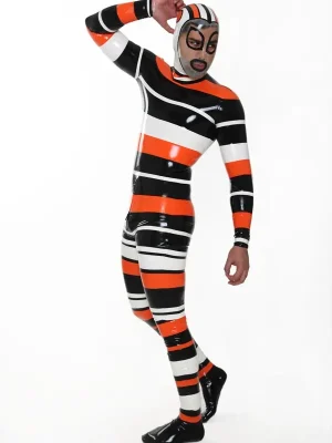 Latex Mens Candystripe Hooded Catsuit with Feet